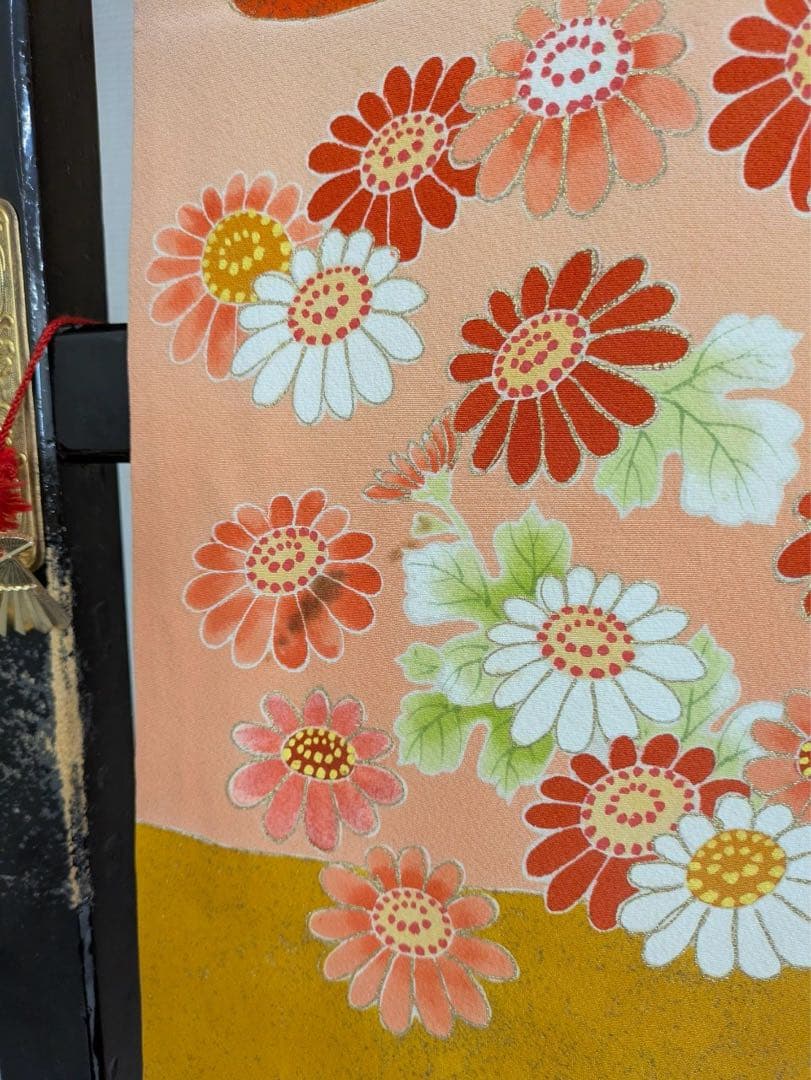 振袖 裄67 作家物 セミアンティーク 一つ紋 青海波に花柄金彩正絹T-3215