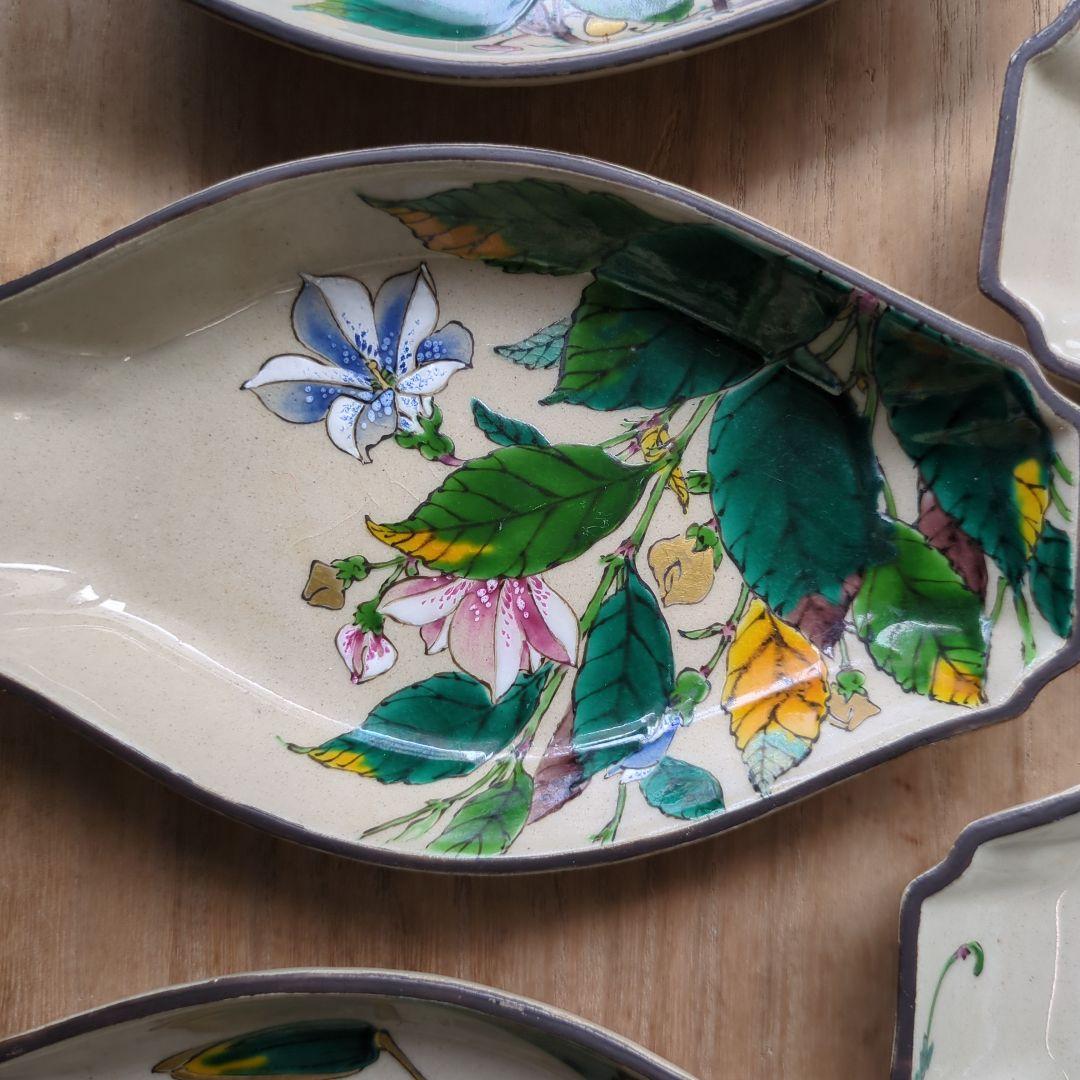 骨董 九谷焼 舟形 図変わり 色絵 花尽くし 向付 器 皿 5枚 変形皿