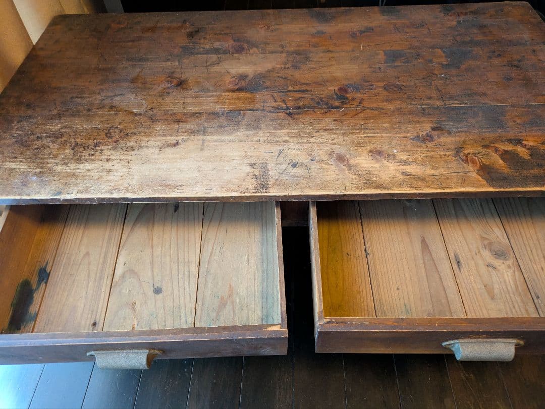 木製文机 2引き出し付き ダークブラウン 昭和レトロ 木製文机 ダーク