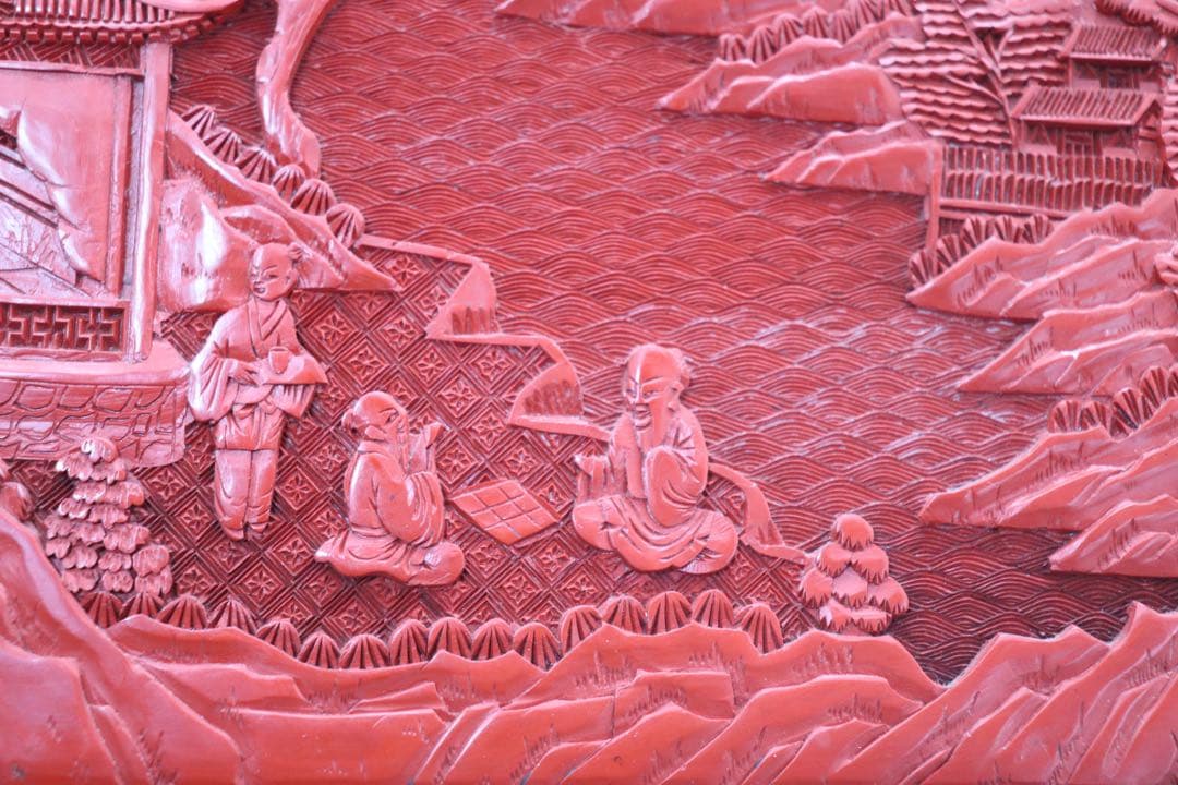 中国　堆朱　硯屏　山水人物&龍紋　送料込み250305