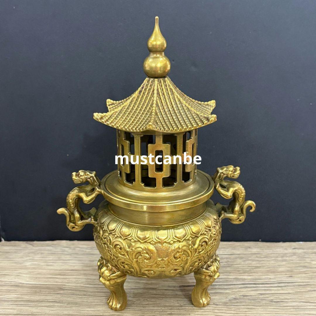 銅製 塔炉 双耳戯珠竜炉 薫香炉 香道具 工芸品 置物