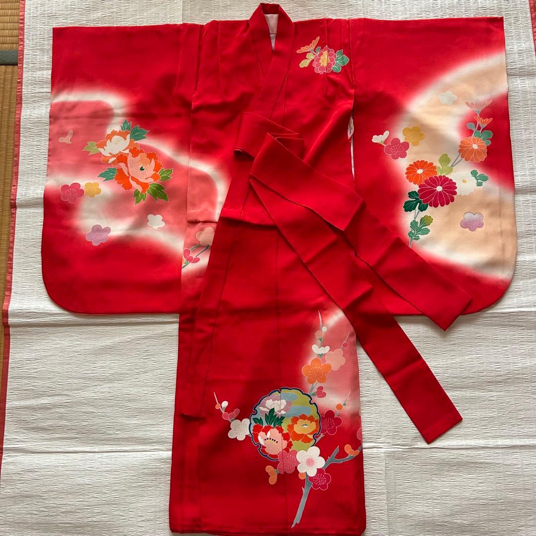 七五三 3歳 総絞り 被布 着物 絹 三歳 赤 草履 753 女の子 友禅染
