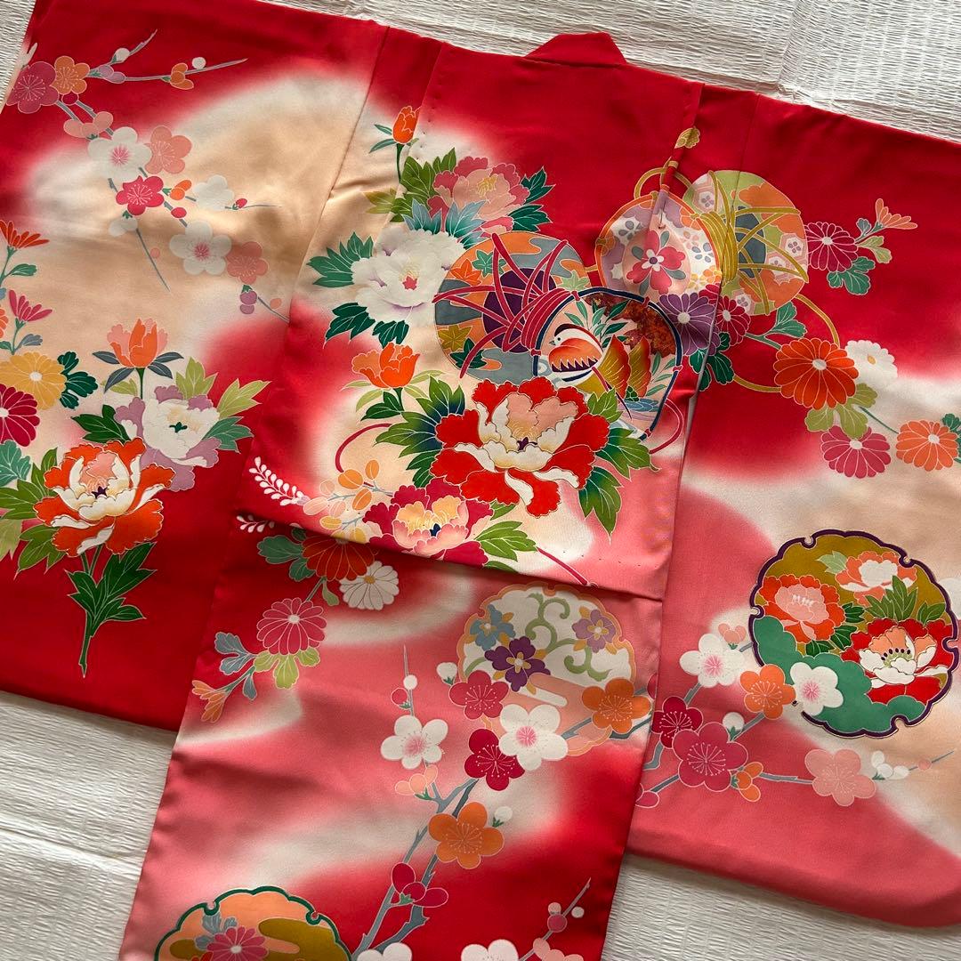 七五三 3歳 総絞り 被布 着物 絹 三歳 赤 草履 753 女の子 友禅染