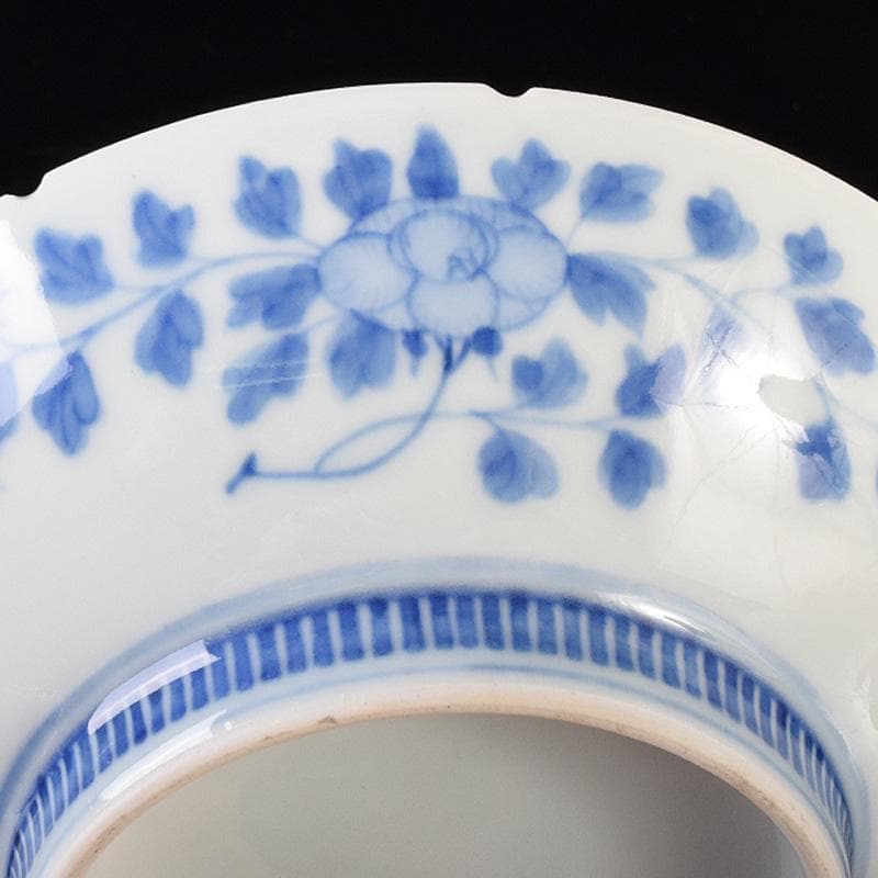 鍋島焼 染付 萩文 五寸皿 輪花皿 時代箱 V R8110