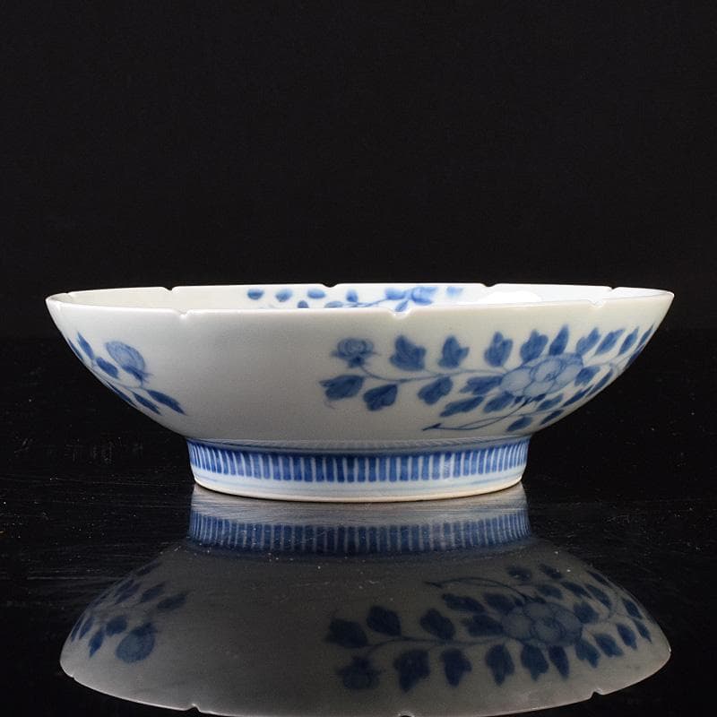 鍋島焼 染付 萩文 五寸皿 輪花皿 時代箱 V R8110