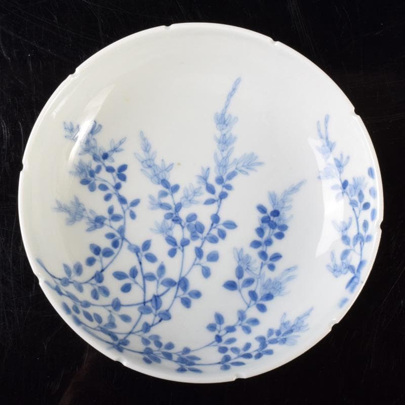 鍋島焼 染付 萩文 五寸皿 輪花皿 時代箱 V R8110