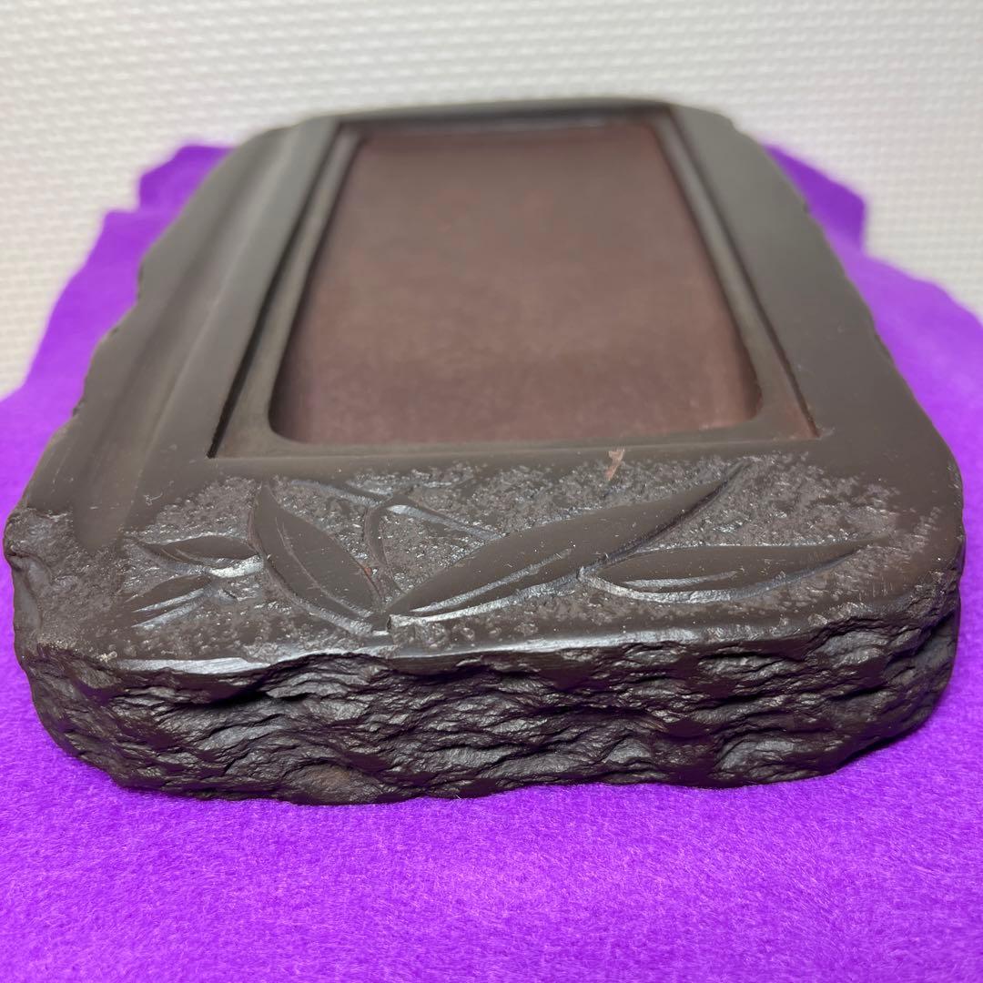 ⭕️赤間硯 植野玉泉堂 玉泉 笹竹葉彫刻石共蓋付き 手間あり入念 蓋