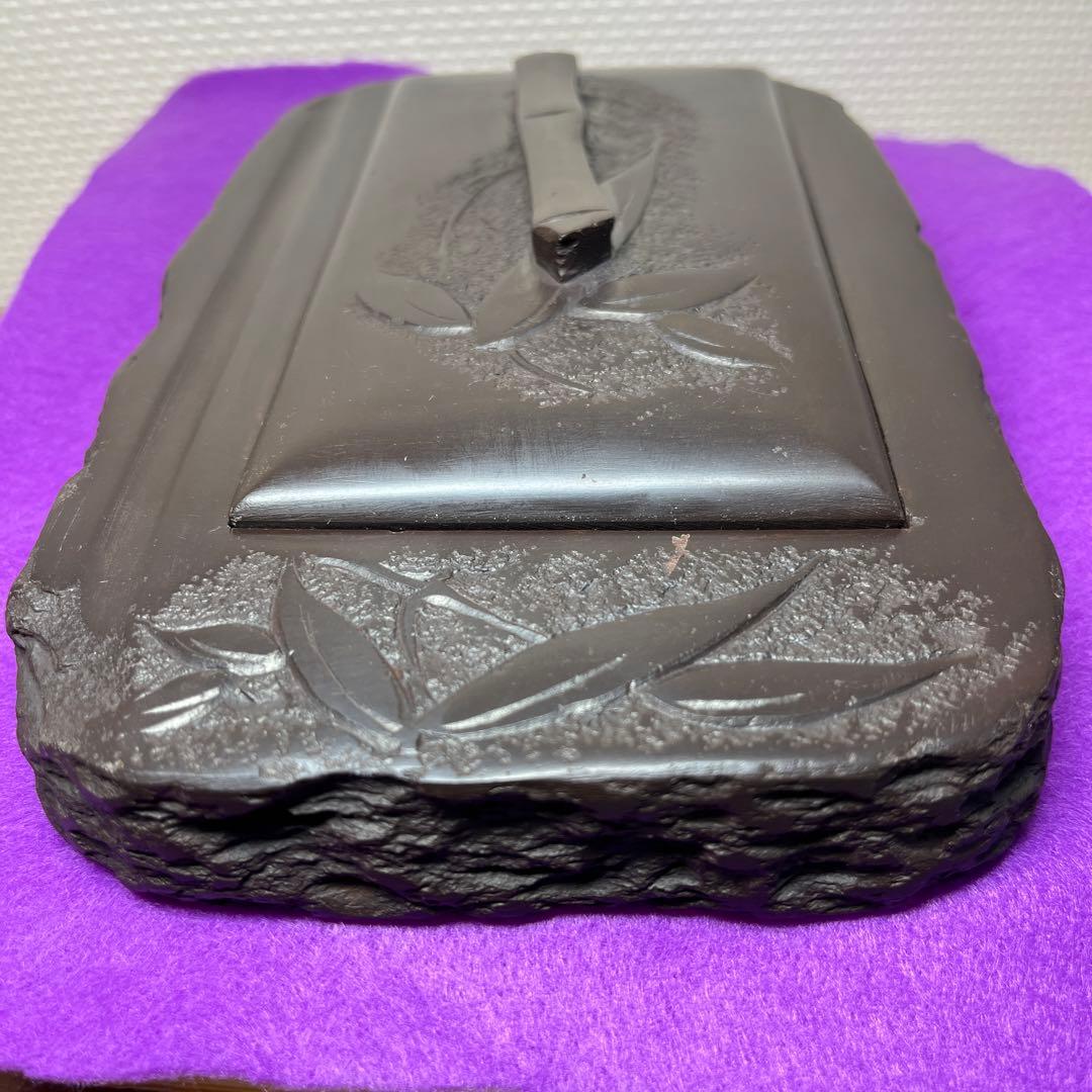 ⭕️赤間硯 植野玉泉堂 玉泉 笹竹葉彫刻石共蓋付き 手間あり入念 蓋