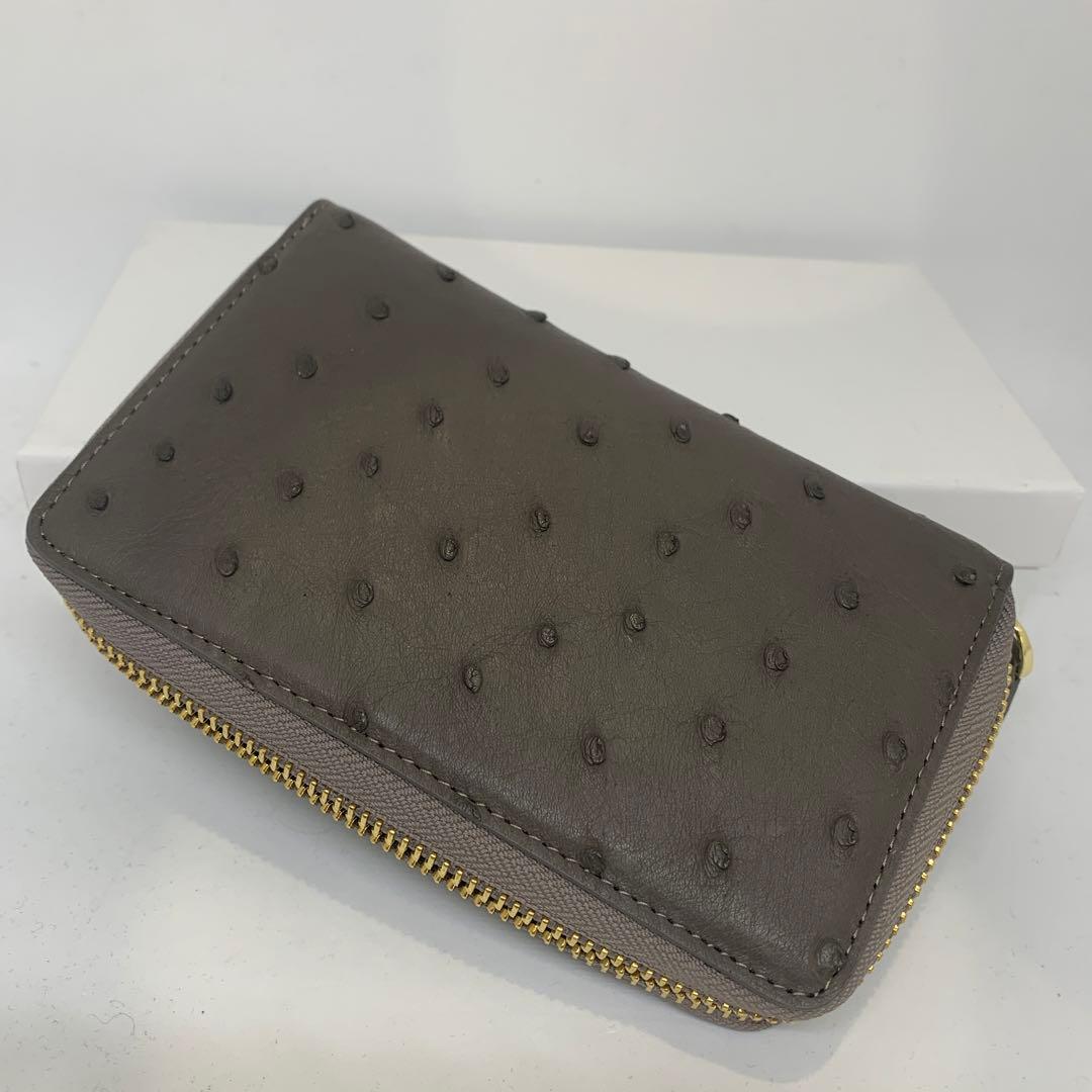 auauoi さん専用新品 オーストリッチ ちょっと大きな二つ折り財布 グレー