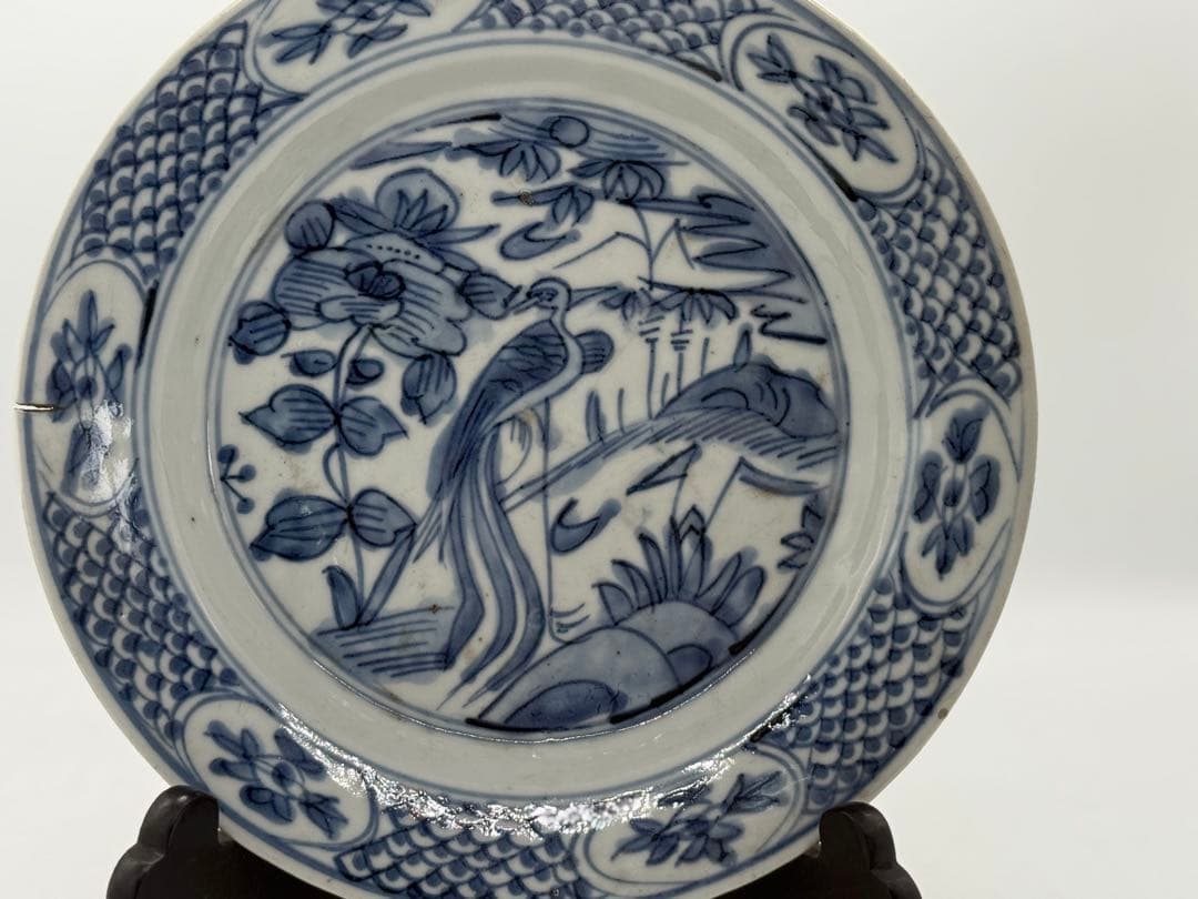 中国　明時代　染付　孔雀牡丹紋大皿　古染　送料込み250622