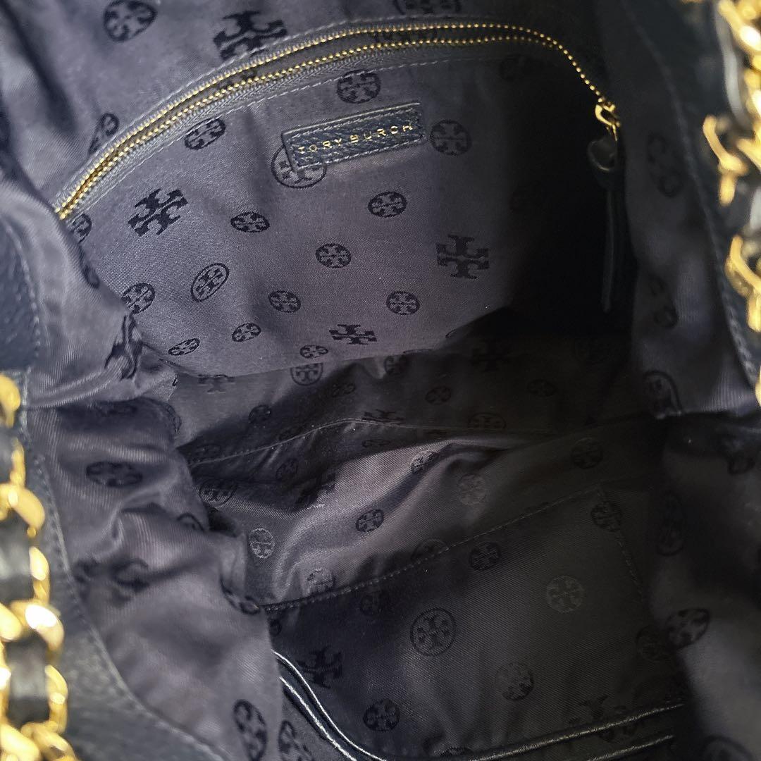 TORY BURCH チェーン トートバッグ シボ革 レザー ネイビー A4