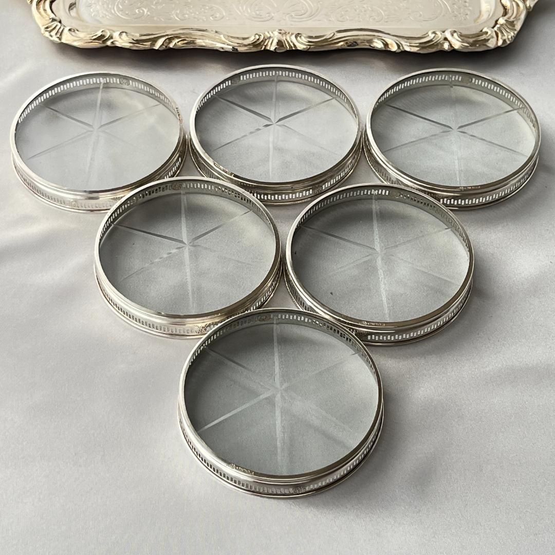 【Webster】 【純銀 / ガラス】紋章のコースター 6枚 スターリング