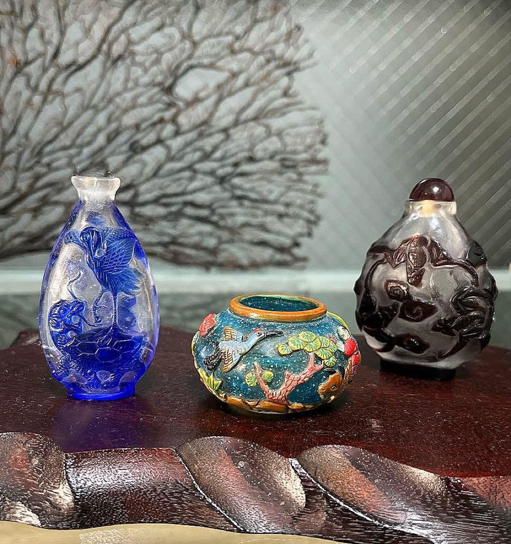 骨董 ガラス工芸 中国硝子 唐物 乾隆硝子 希少多色 農村風景 水孟