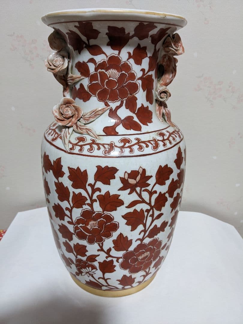 ♦中国陶磁器 紅釉花卉文様 貼花 蕾花双耳瓶 花瓶 民国時代 華東堂製 骨董品