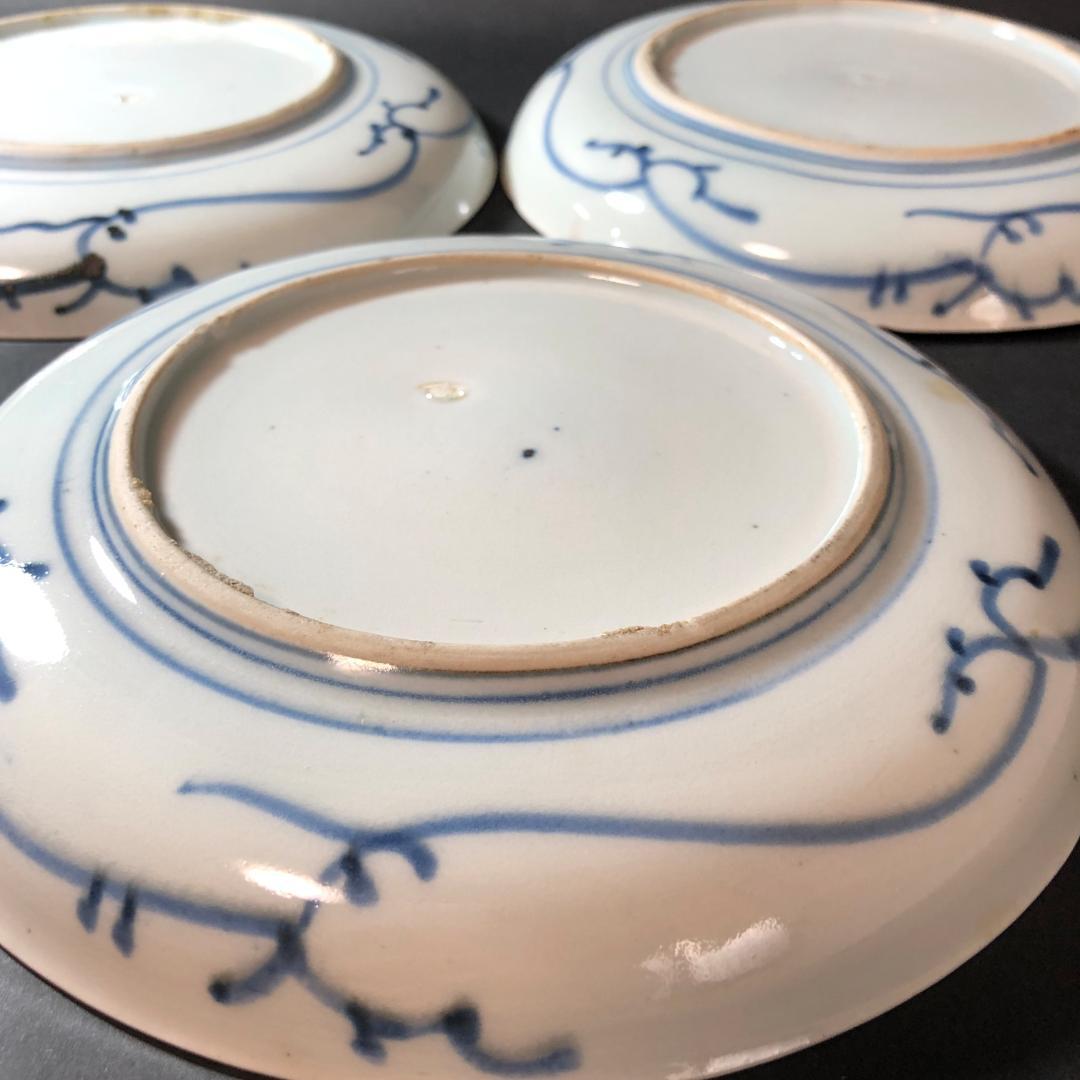 古伊万里　染錦　六寸皿　３客　松に帆掛け船文様　生活骨董　骨董雑貨　和食器