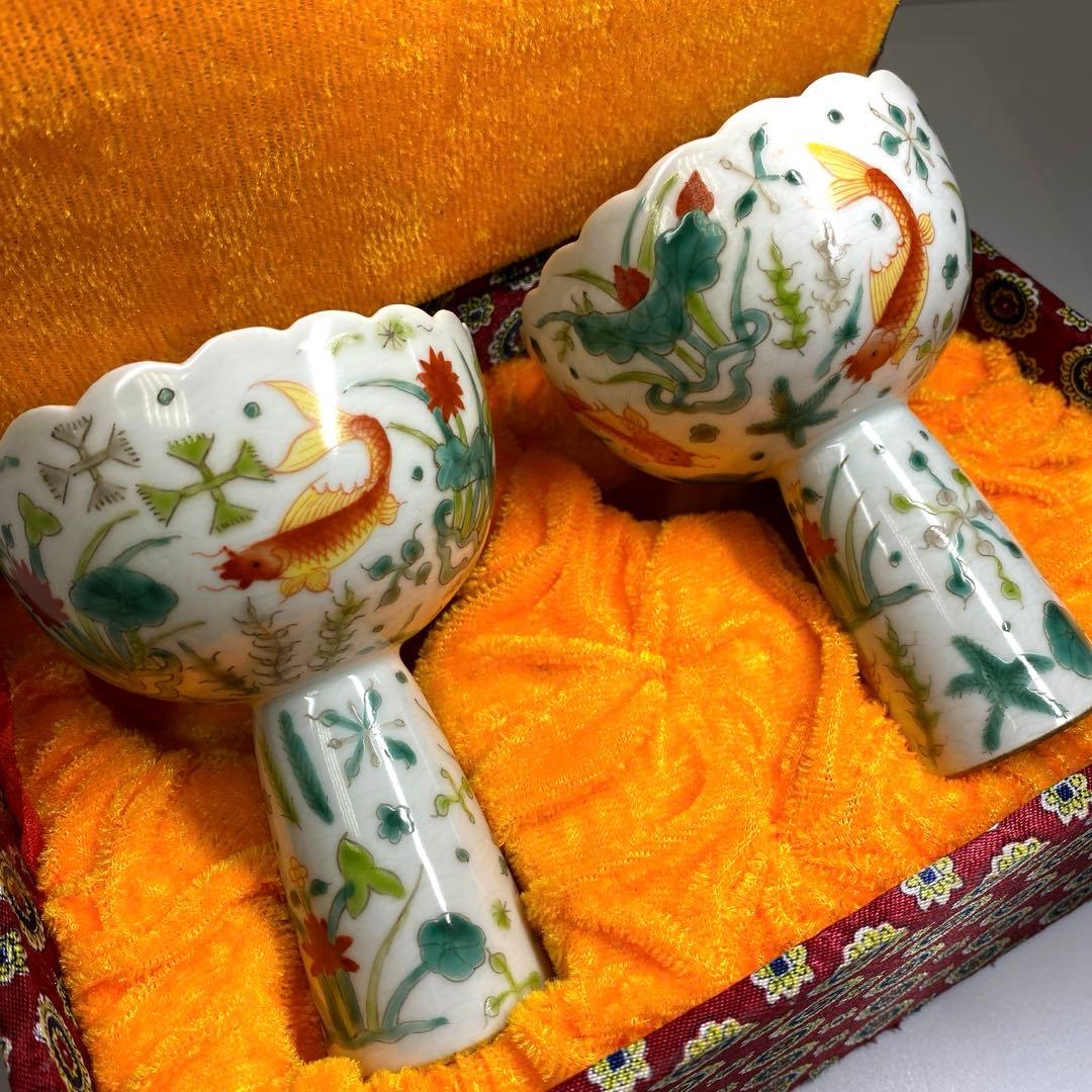 中国清時代 大明嘉靖年製 粉彩馬上杯2客 仕立箱付 東Y7-0303☆2Fトヒサ