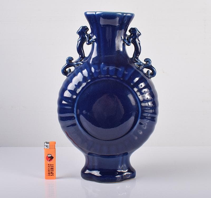 中国 大清康煕年製 瑠璃釉 双耳扁壷 M R3690C 美術品・アンティーク