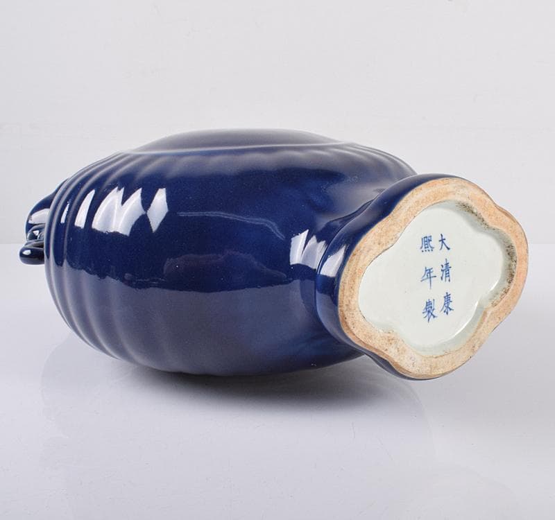 中国 大清康煕年製 瑠璃釉 双耳扁壷 M R3690C 美術品・アンティーク