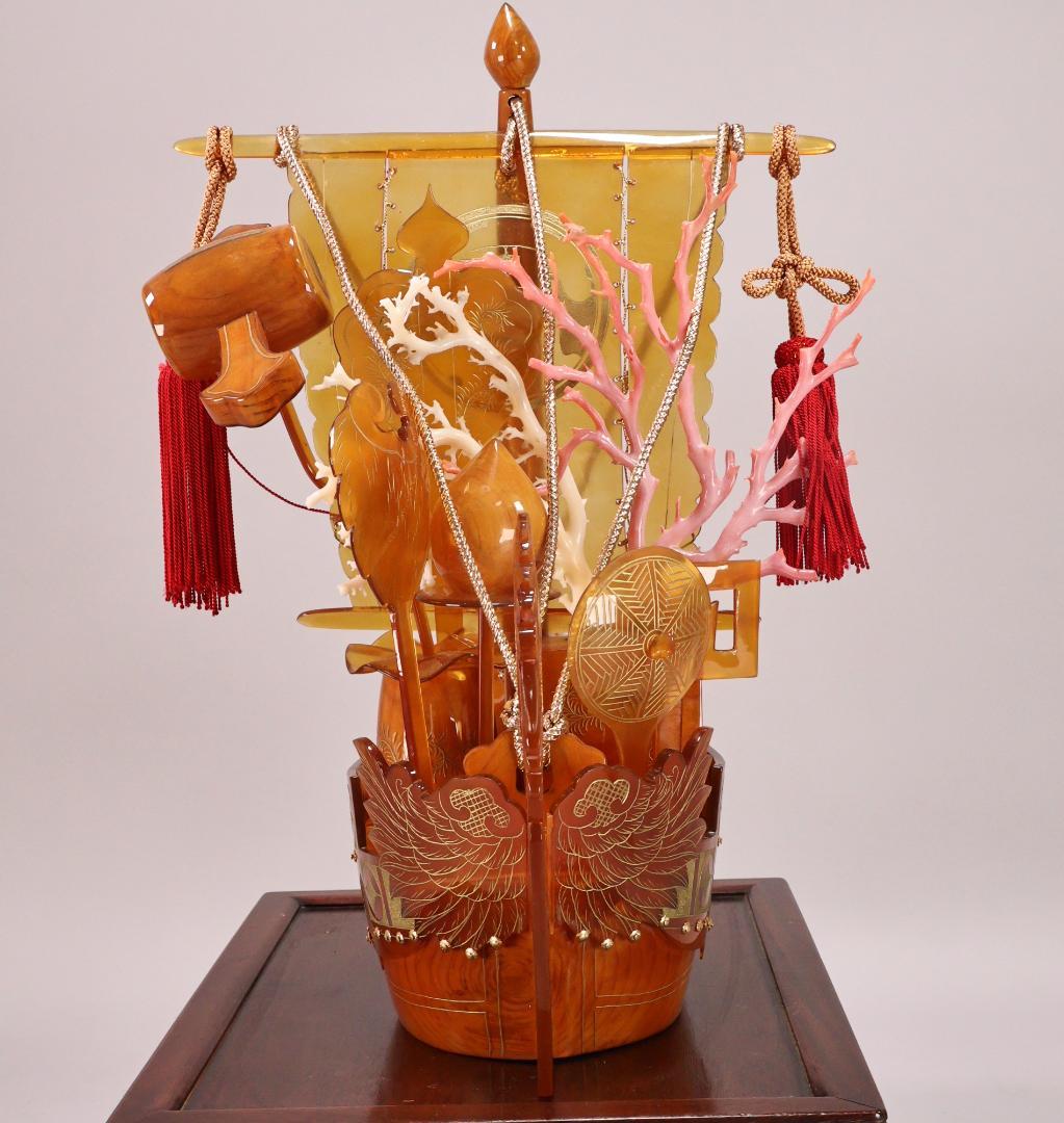 BK194 本鼈甲 「 鳳凰宝船 」 寶船 べっ甲 置物 床飾 珊瑚細工 台付