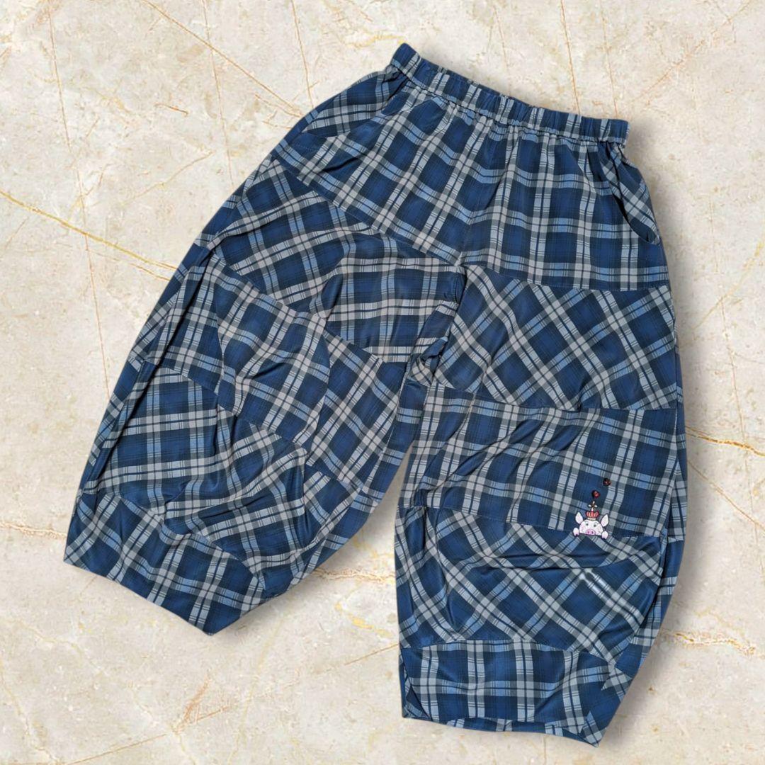 【涼感】アルベロベロ♥️ぶたさんワッペン　ネイビー系チェック　 サルエルパンツ