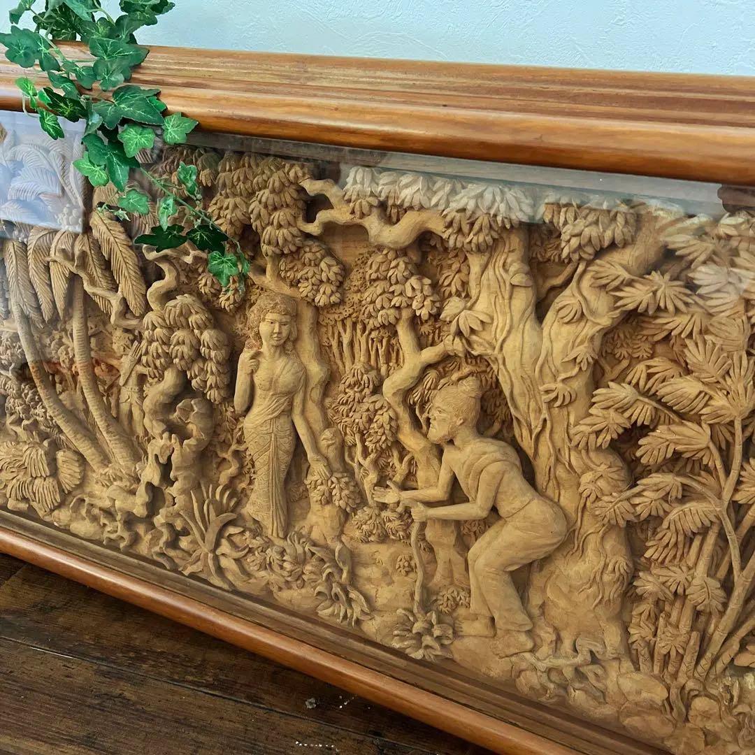 y593 特大サイズ 額装 ジャワ太古の民話を題材にした木彫りレリーフ 192㎝