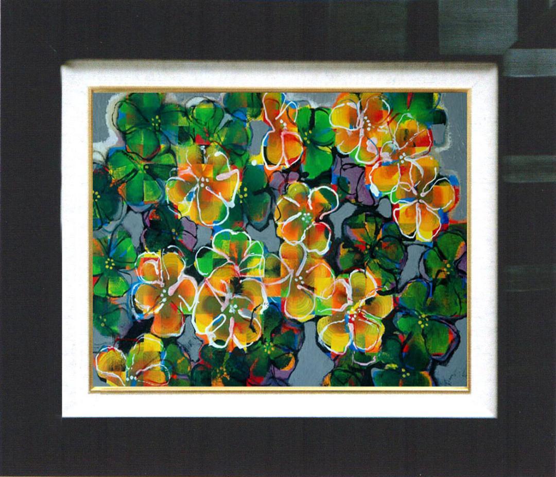 油絵 菅家令子 絵 絵画インテリア額付(青緑＋金色の枠) F4-091616