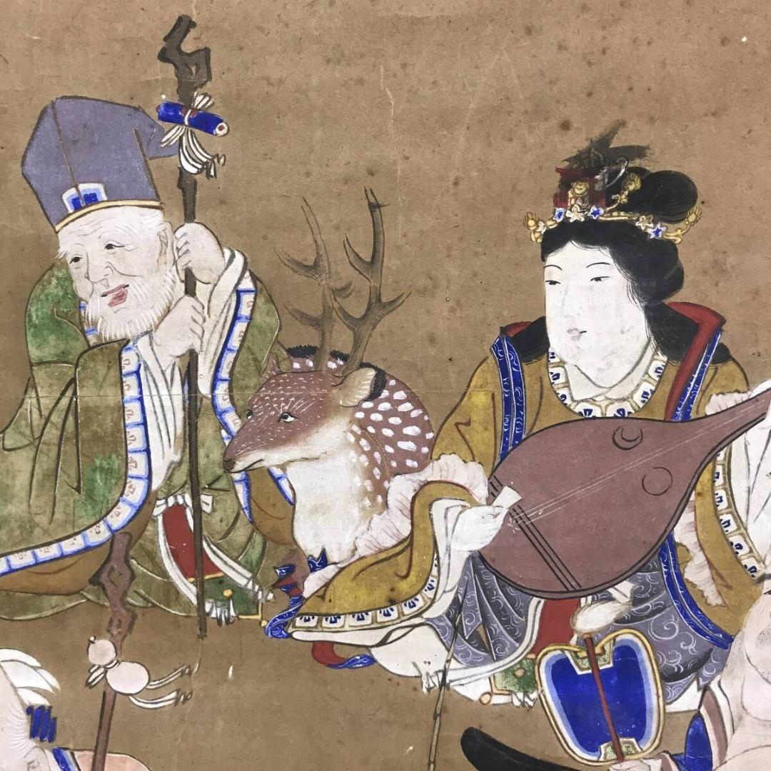 真作/作者不詳/七福神図/古画/人物図/祝/正月/掛軸/名家伝来/AK-
