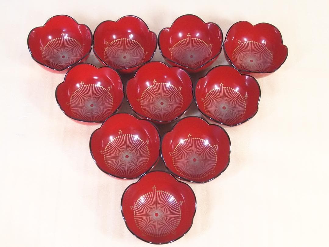 【良品】輪島塗 紫雲堂 蒔絵付き 梅小鉢10客 向付/珍味器 朱塗 漆器/食器