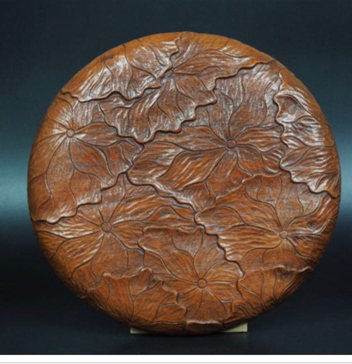 送料無料 時代物 蓮花総彫り盆 径26cm 大珍品 茶道具