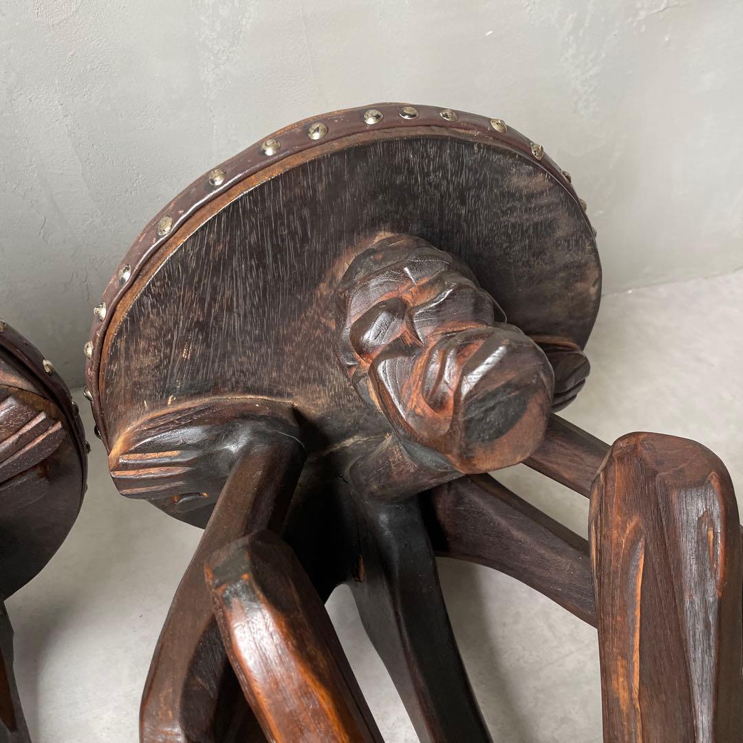 木製 木彫り アフリカ スツール ガーゴイル 丸椅子 ヴィンテージ 民芸