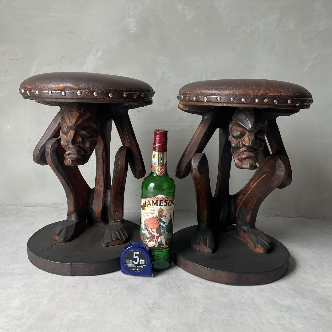 木製 木彫り アフリカ スツール ガーゴイル 丸椅子 ヴィンテージ 民芸