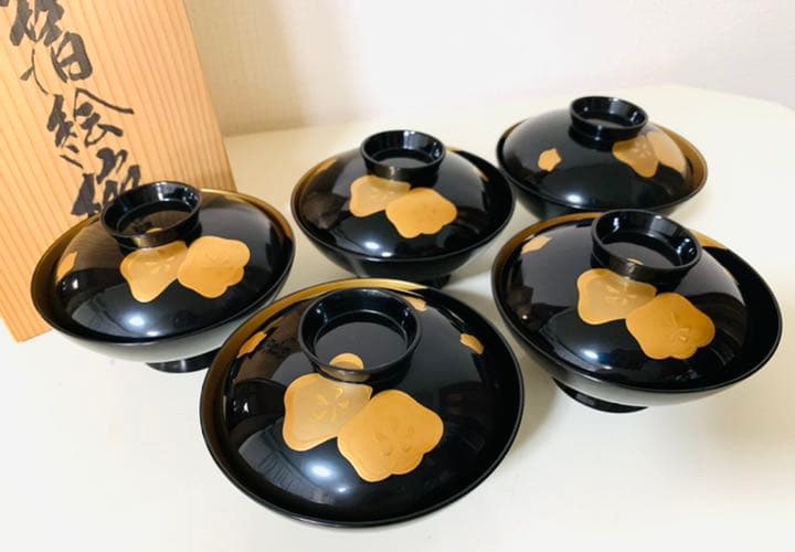 BK413 時代輪島塗 蓮図金蒔絵 吸物椀 二客 木製 茶道具 懐石 会席 菓子