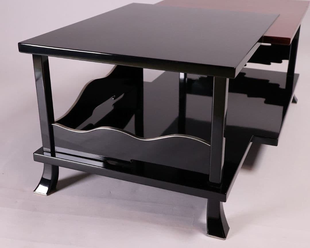 漆芸 二段卓 黒塗 うるみ塗 木製 錫覆輪 54.2cm 花台 古道具【MB58