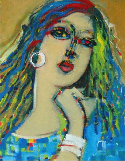 油絵 菅家令子 絵 絵画インテリア 額付(青緑＋金色の枠)F6-080212女性