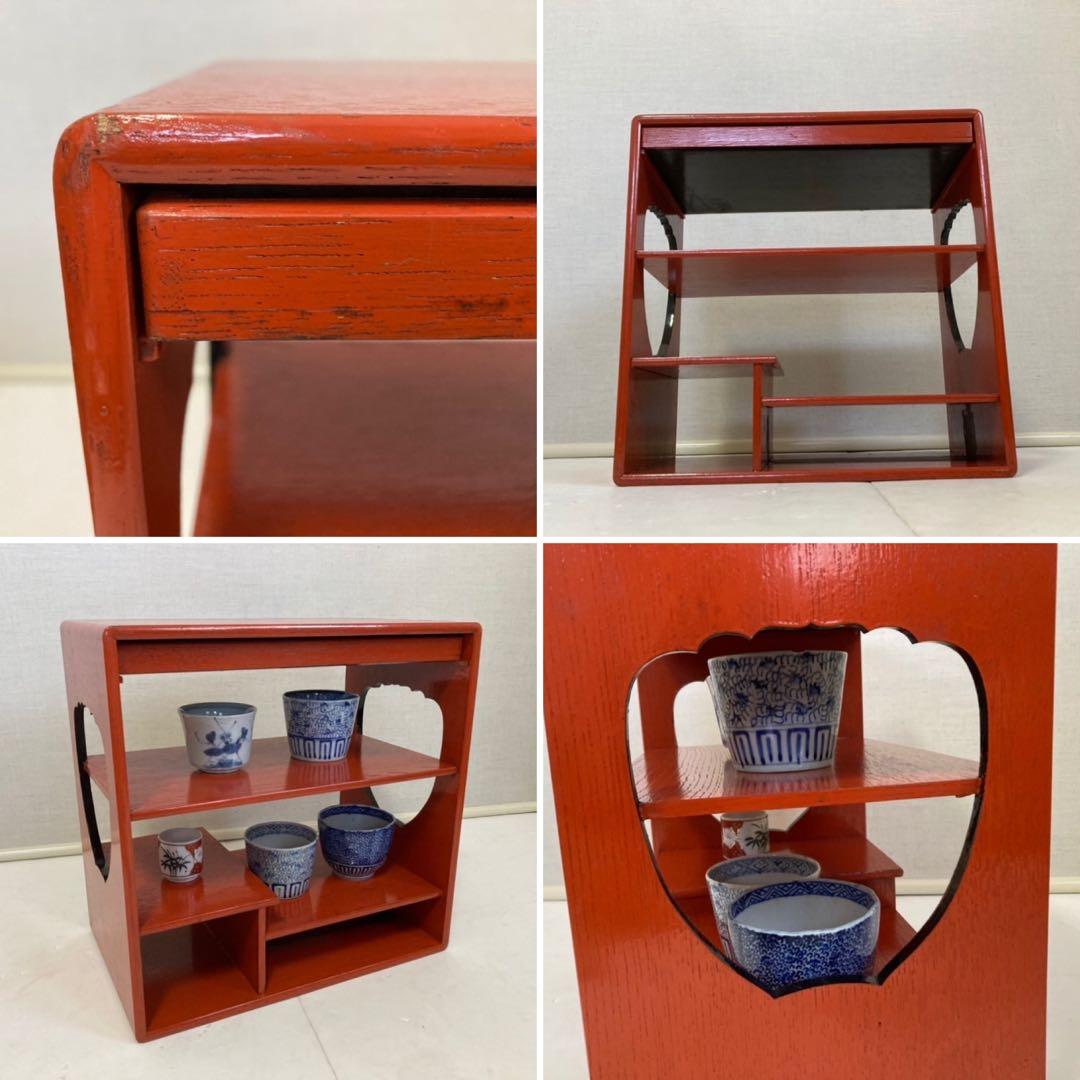 古い飾り棚 置物台 茶棚 違い棚 茶道具 和風 木製 朱塗り 透かし レトロ