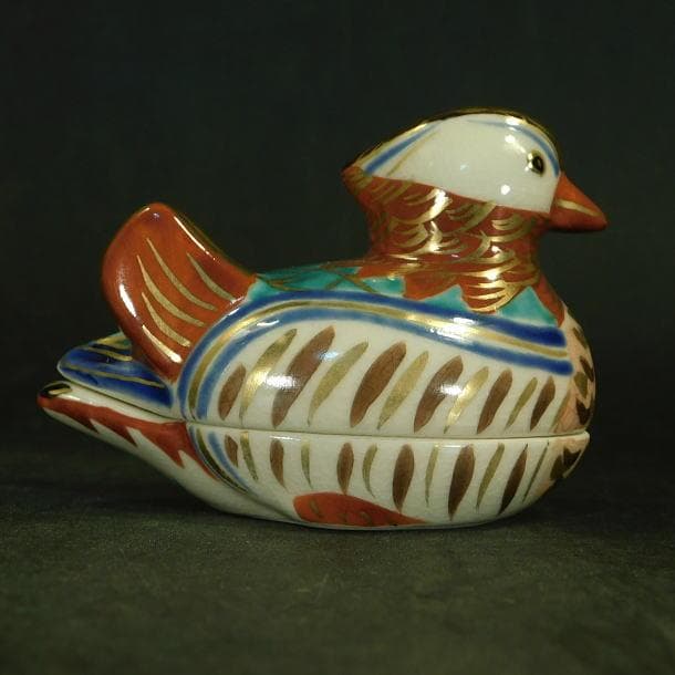 茶道具 御室窯 色絵金彩 仁清鴛鴦 香合（共箱）】 工場 茶道具 御室窯