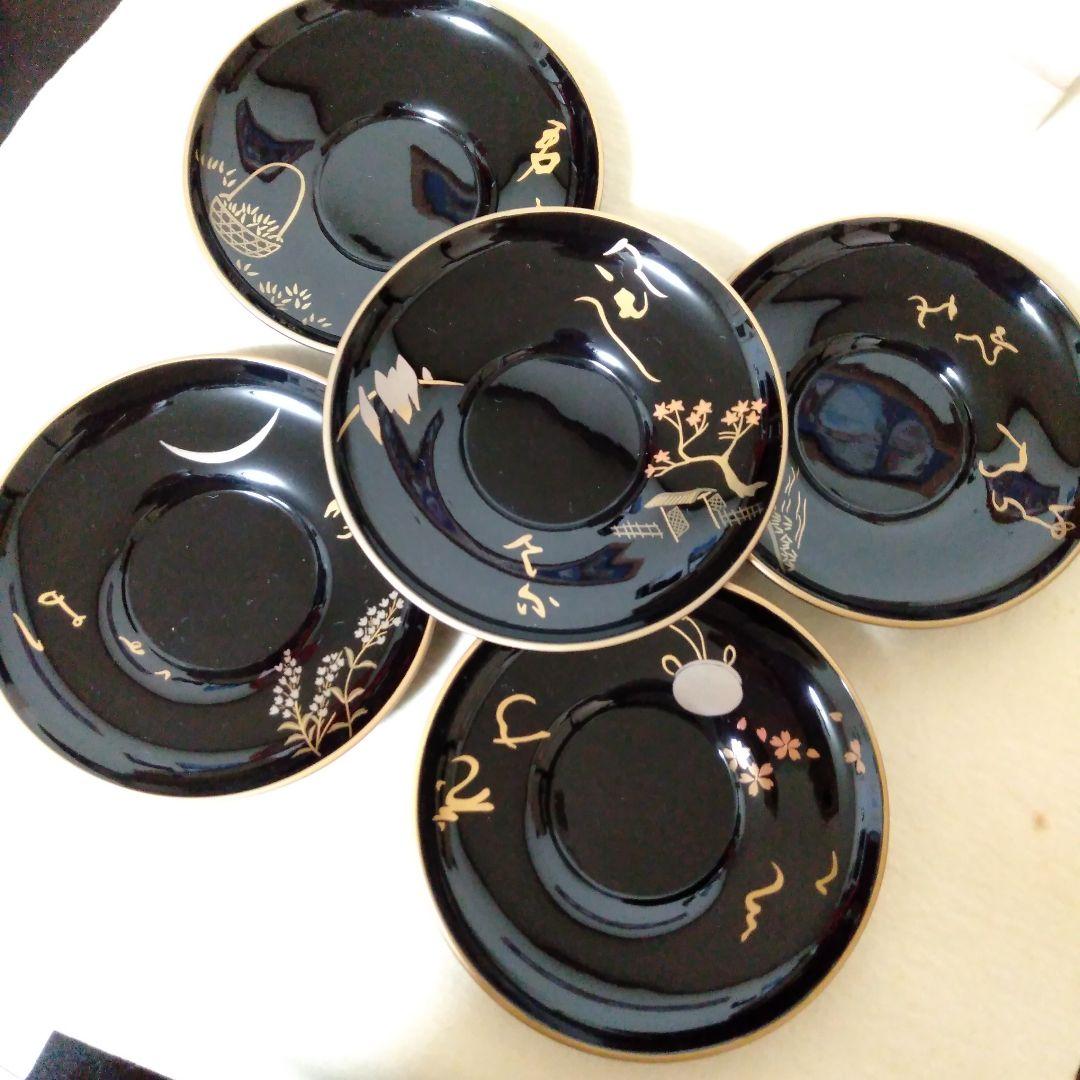 輪島塗　金彩絵換わり茶托五客 輪島塗 金彩絵換わり茶托五客 輪島塗 茶托 沈金 稲忠（輪島塗）の金蒔絵
