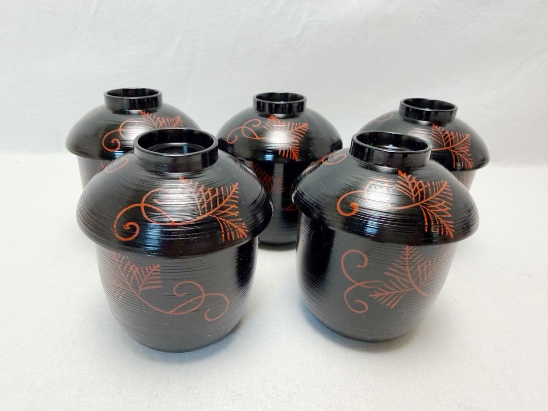 未使用 懐石道具 黒塗 葎型松葉蒔絵 箸洗 5客揃 刷毛目 小吸物椀 和