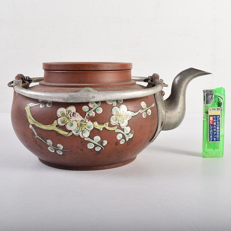 中国 鮑県泰製 宣興紫砂 朱泥 古錫装飾 花文 急須