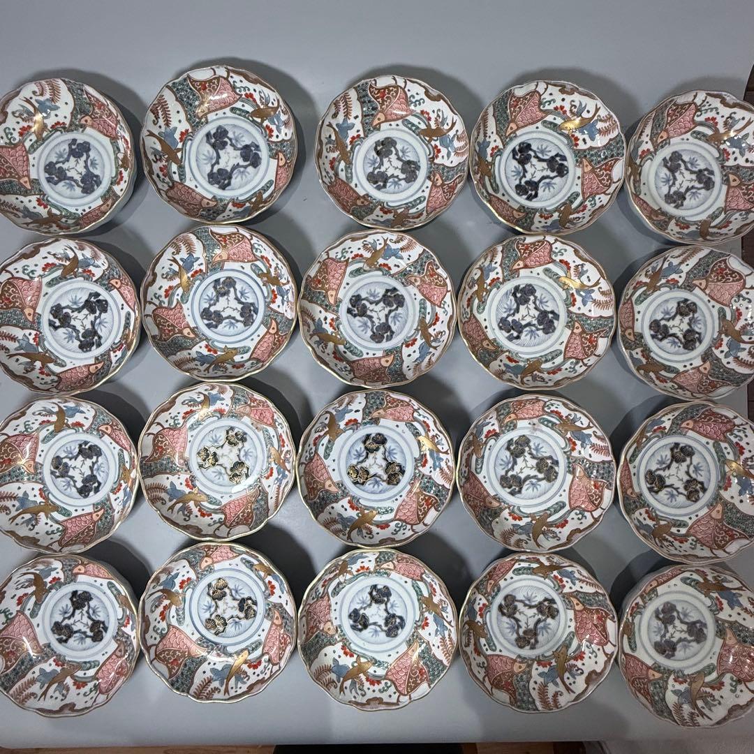 豪商旧蔵品 明治期 色絵鯉千鳥文膾皿 金蘭手 二十