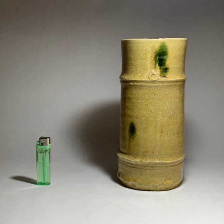 ◆ 五代 加藤幸兵衛 本人作 黄瀬竹形花瓶 黄瀬戸 四方桟共箱 本物保証◆