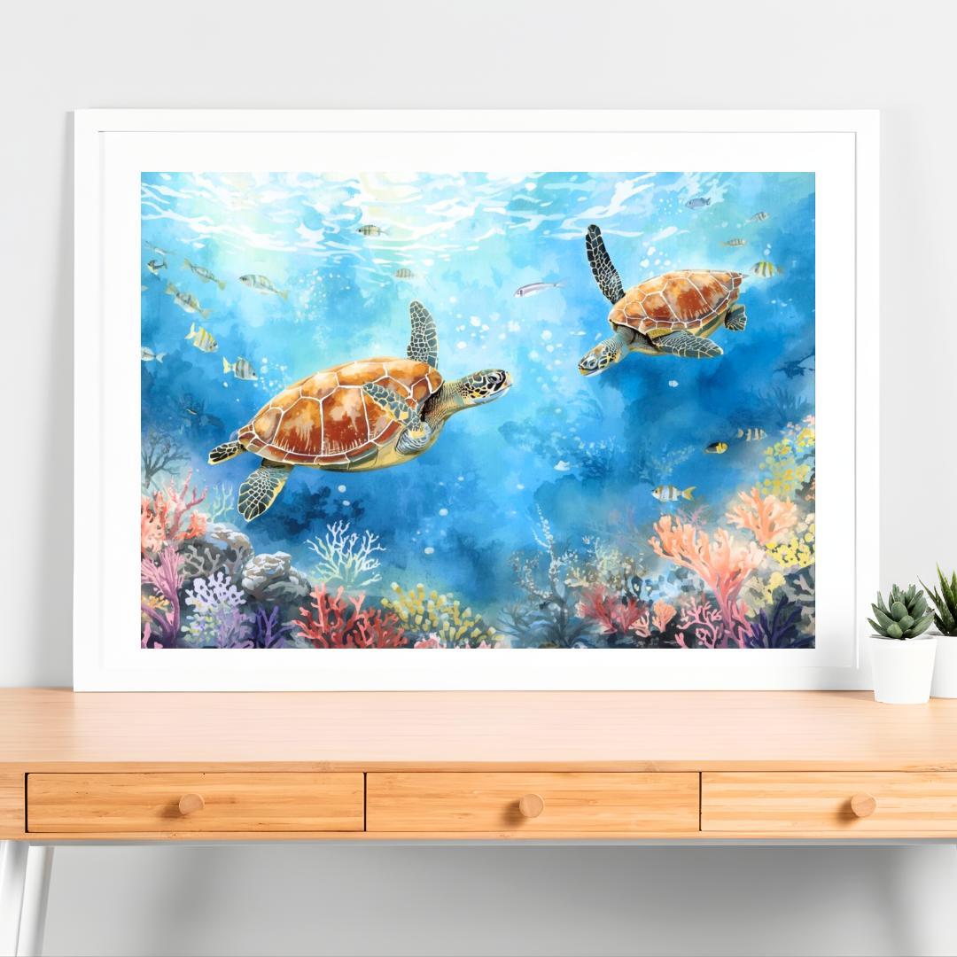 A4 ウミガメが出会う珊瑚の海と小さな魚たち 水彩風風景画アート