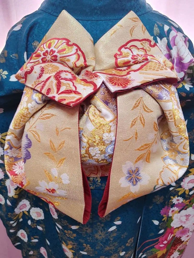 正絹 振袖 袋帯 帯揚げ 帯締め 青緑