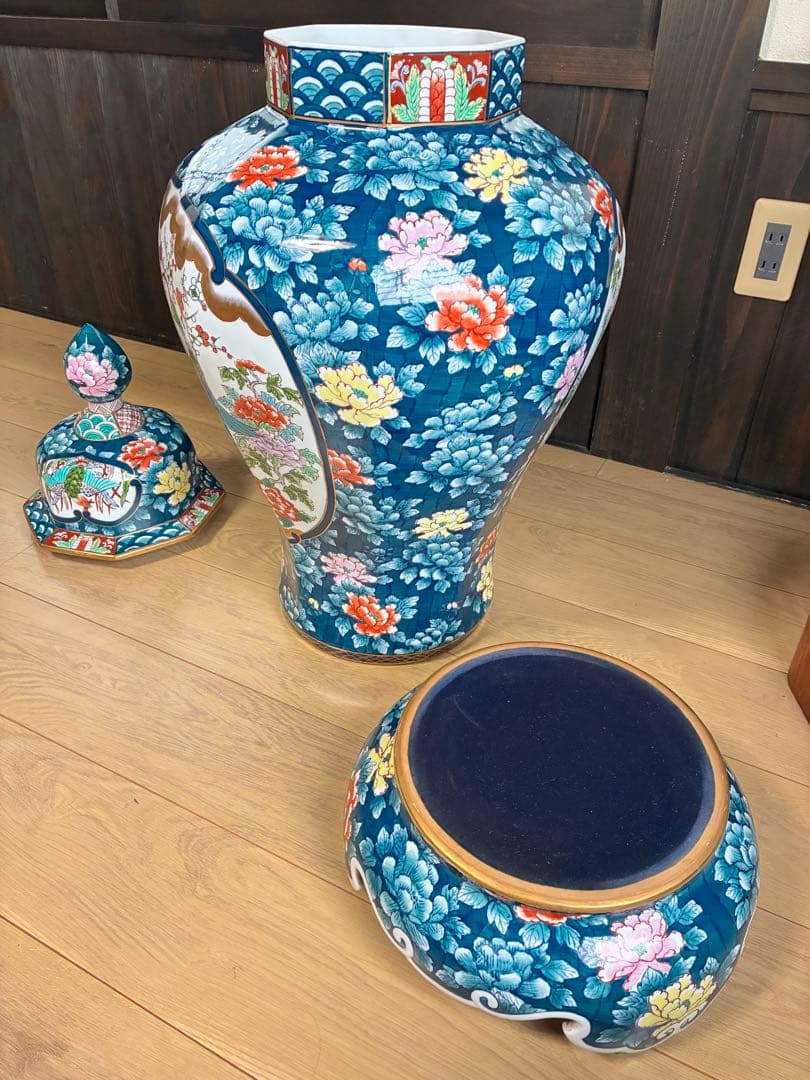 有田焼 特大 染付 牡丹孔雀図 飾壷 光右衛門作 三段壷 置物　約100cm