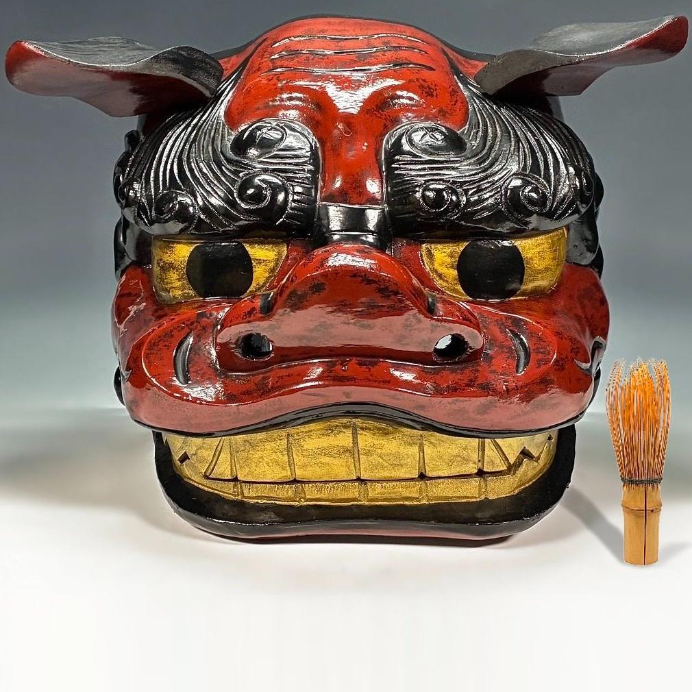 ◾️本物 獅子舞の獅子頭【オス】木彫 朱塗 高さ28×幅30×奥行24cm