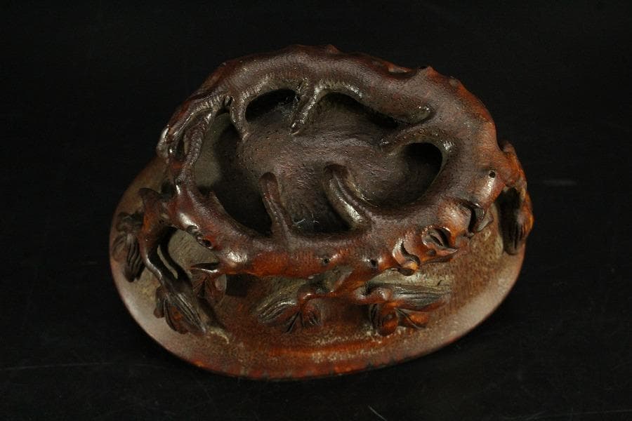 中国美術 竹根 刻 蓮花 碗 洗 13cmx9cm 文房四宝(K-LC561)