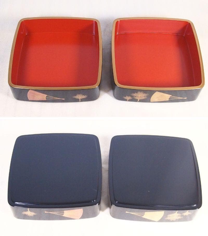 【美品】輪島塗 わじま慶塚 扇面に松蒔絵 四段重箱 台付き＆屠蘇器 お重/酒器