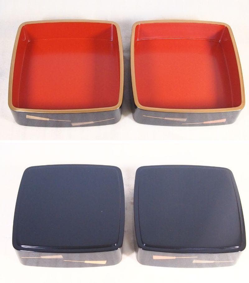 【美品】輪島塗 わじま慶塚 扇面に松蒔絵 四段重箱 台付き＆屠蘇器 お重/酒器