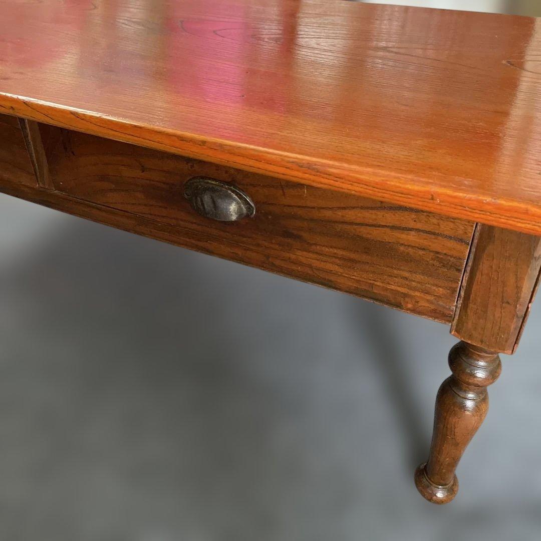 年代物 欅一枚板 文机 ダークブラウン 2引き出し 年代物 欅一