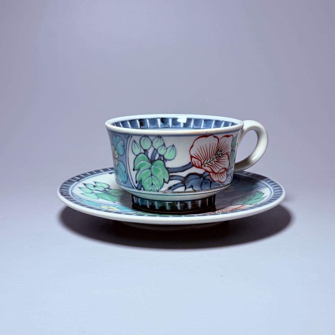 五代 佐藤走波 七十五才 染錦牡丹文カップ＆ソーサー コレクター放出品